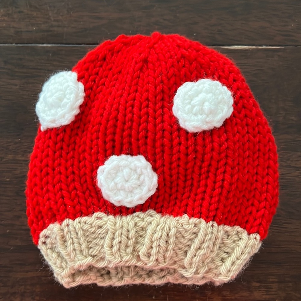 Hand crochet Mushroom infant hat- used for Toad costume from Mario.